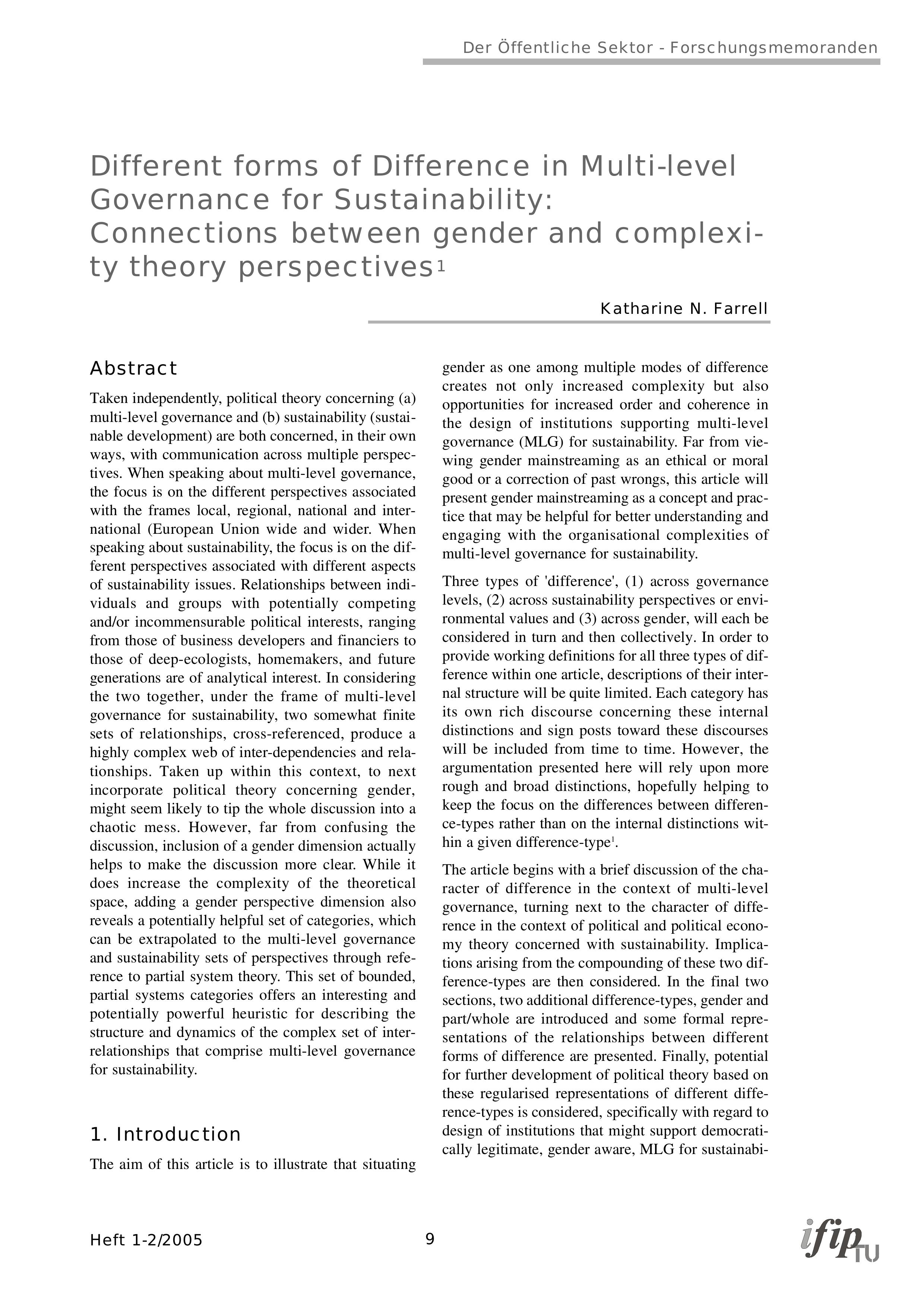 Different forms of Difference in Multi-Level Governance for Sustainability: Connections between gender and complexity theory perspectives