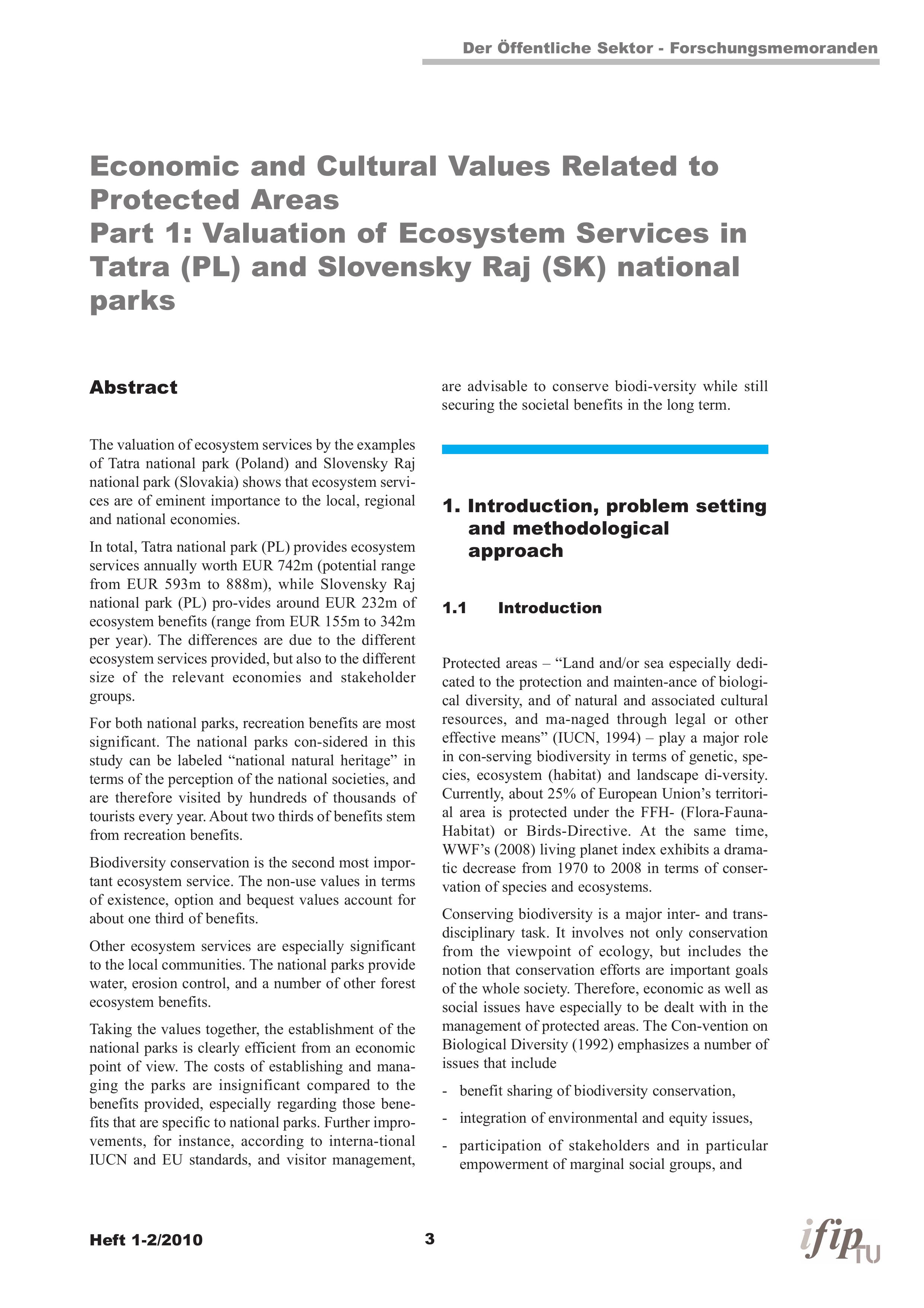 Economic and cultural values related to Protected Areas - Part 1: Valuation of Ecosystem Services in Tatra (PL) and Slovensky Raj (SK) national parks