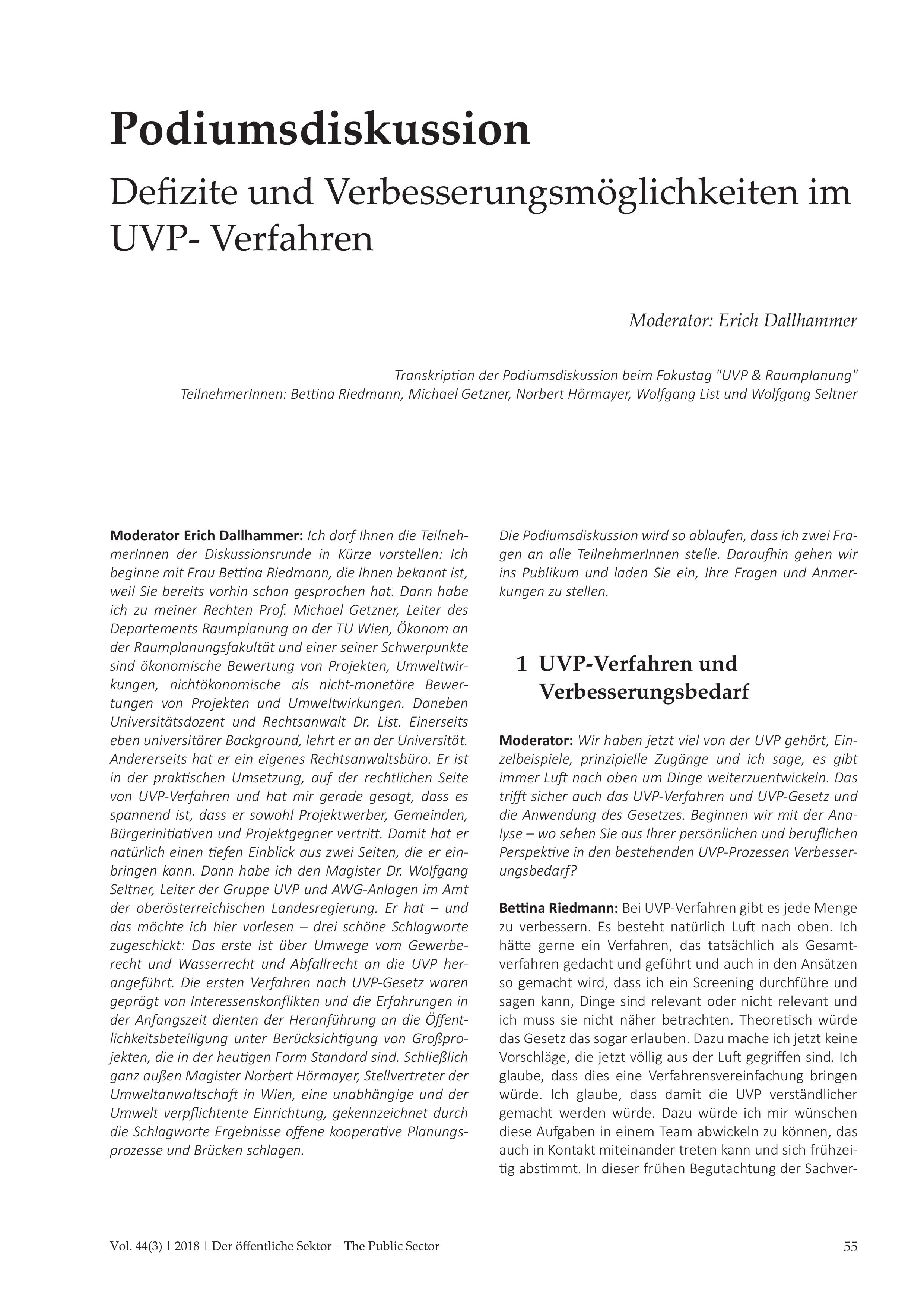 Podiumsdiskussion Defizite und Verbesserungsmöglichkeiten im UVP-Verfahren