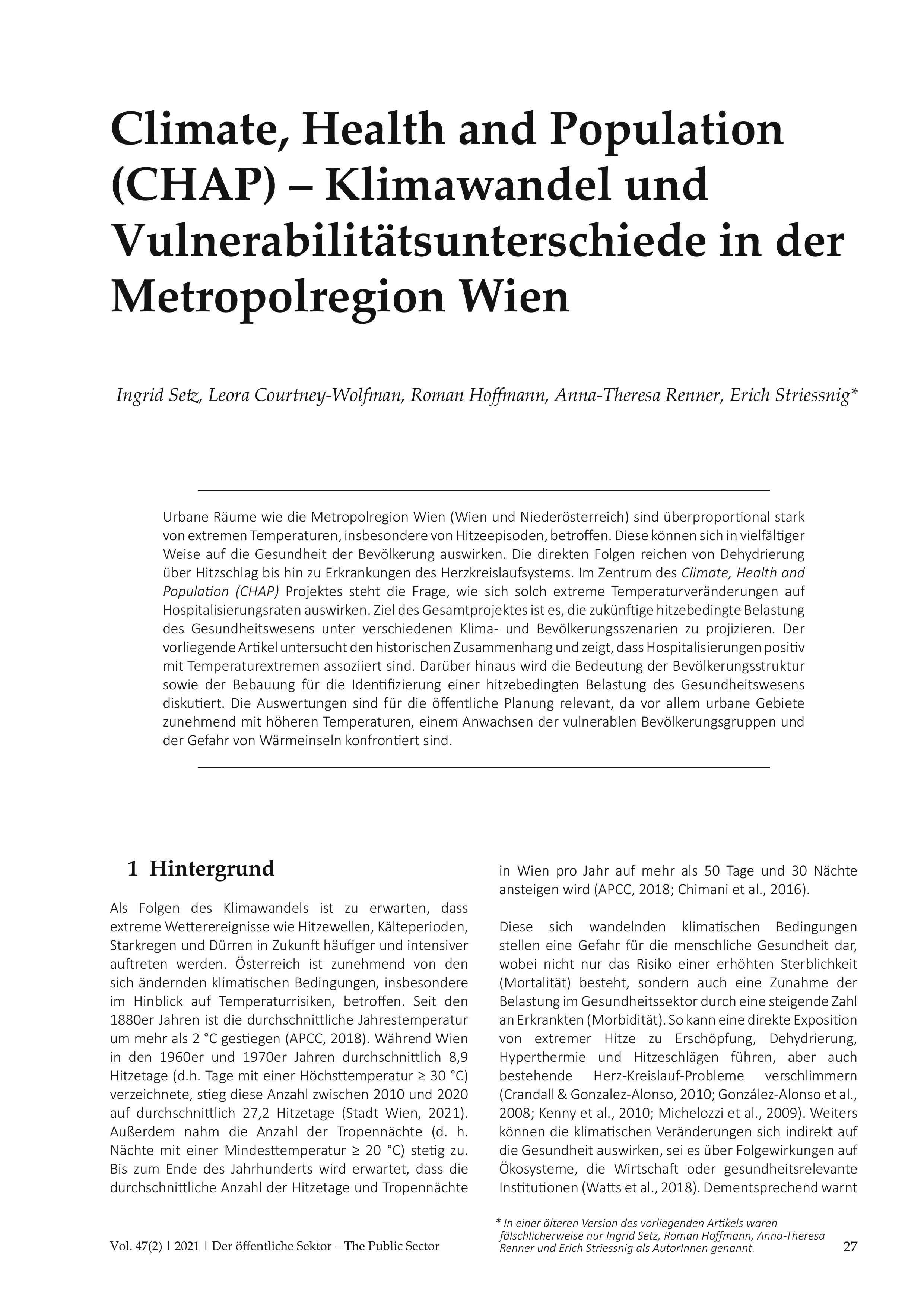 Climate, Health and Population (CHAP) – Klimawandel und Vulnerabilitätsunterschiede in der Metropolregion Wien