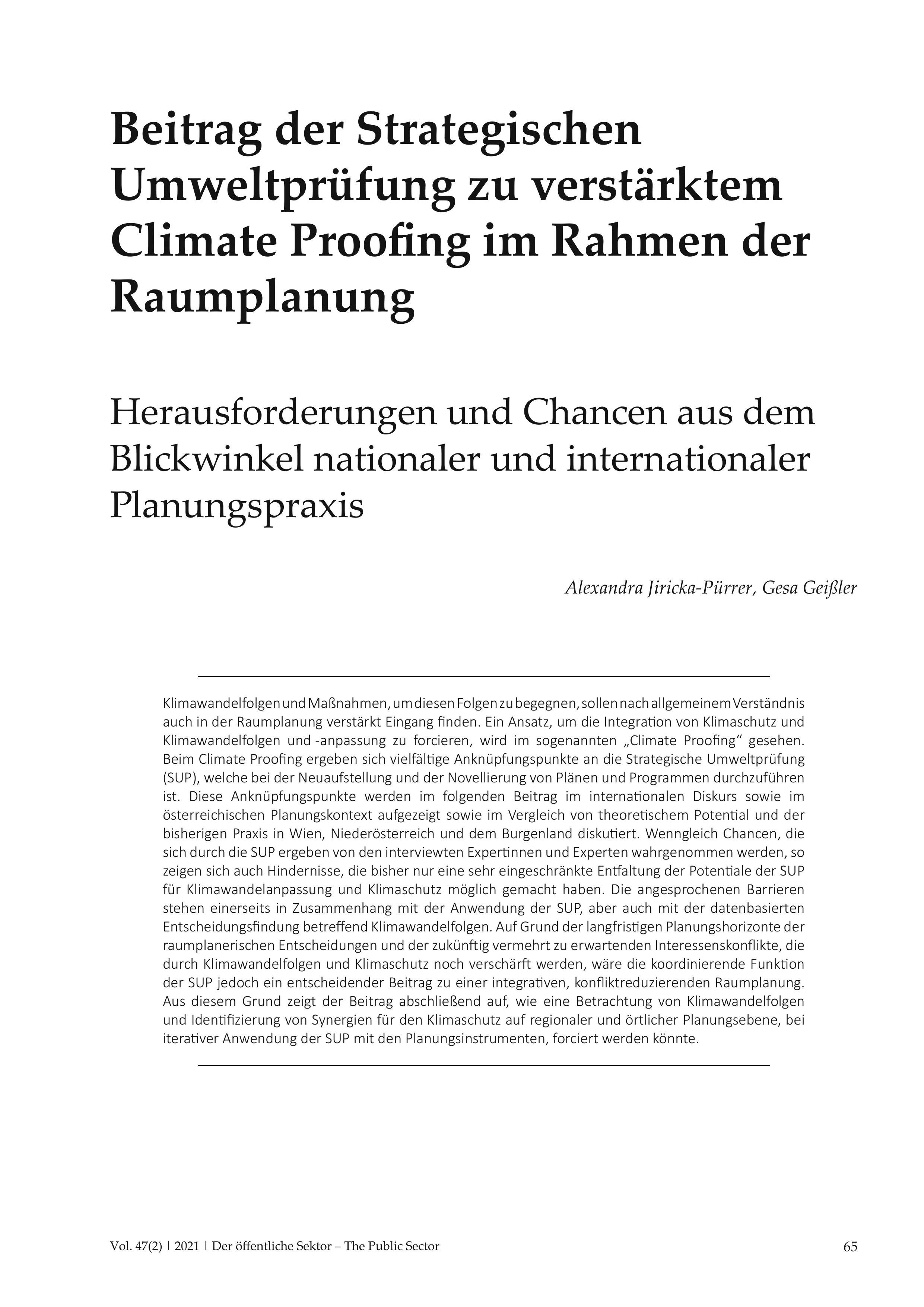 Beitrag der Strategischen Umweltprüfung zu verstärktem Climate Proofing im Rahmen der Raumplanung Herausforderungen und Chancen aus dem Blickwinkel nationaler und internationaler Planungspraxis