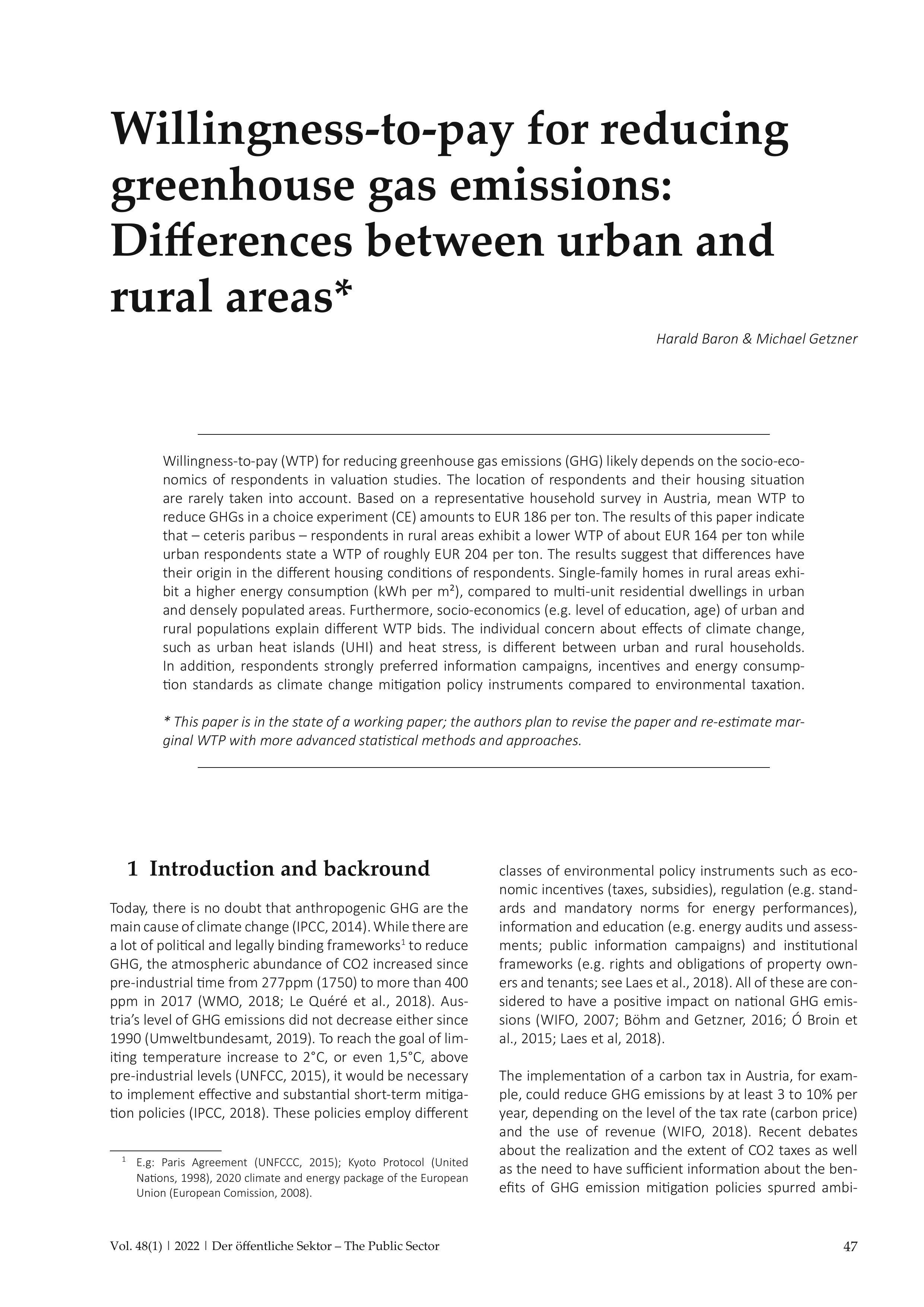 Willingness-to-pay for reducing greenhouse gas emissions: Differences between urban and rural areas