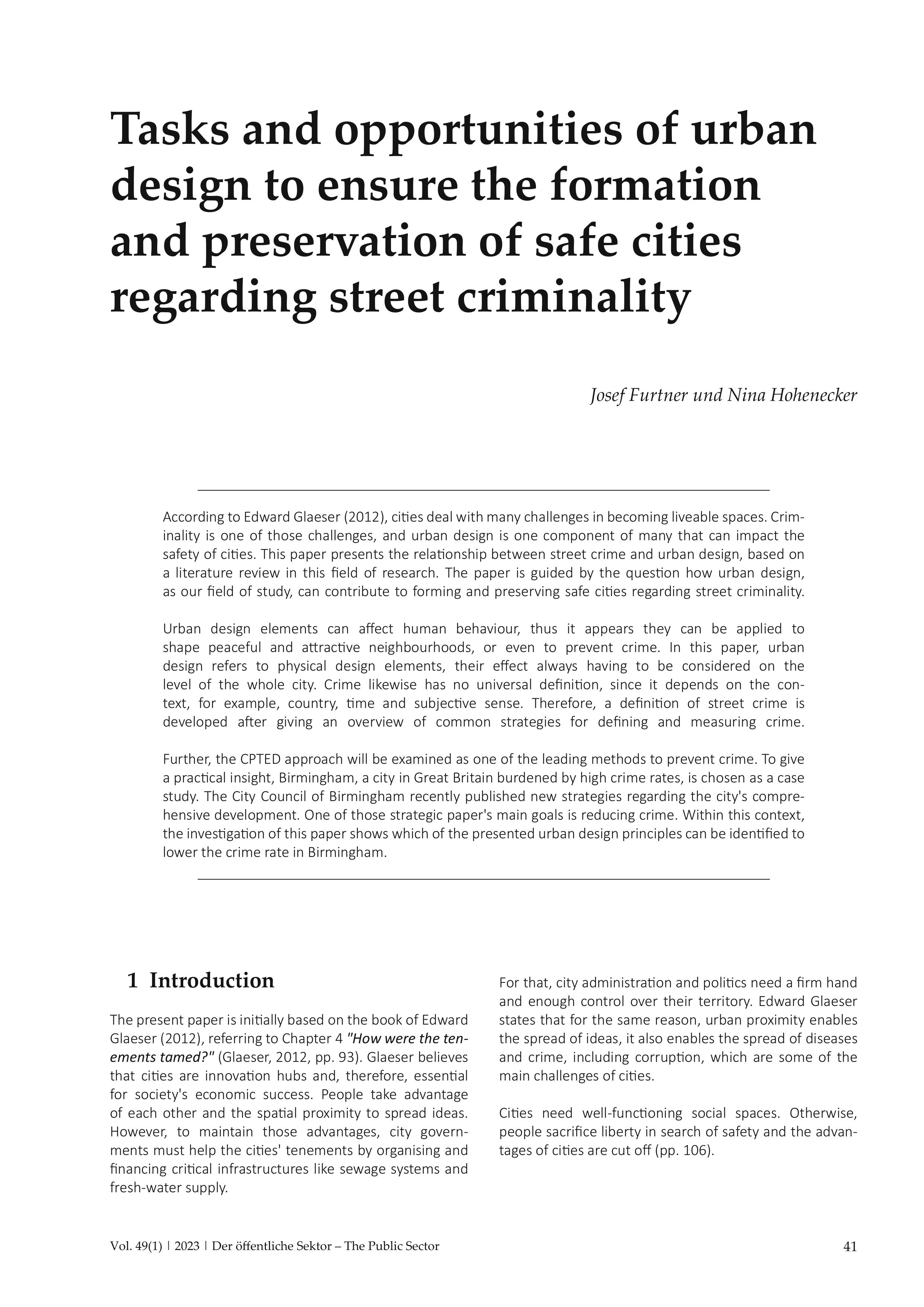 Tasks and opportunities of urban design to ensure the formation and preservation of safe cities regarding street criminality