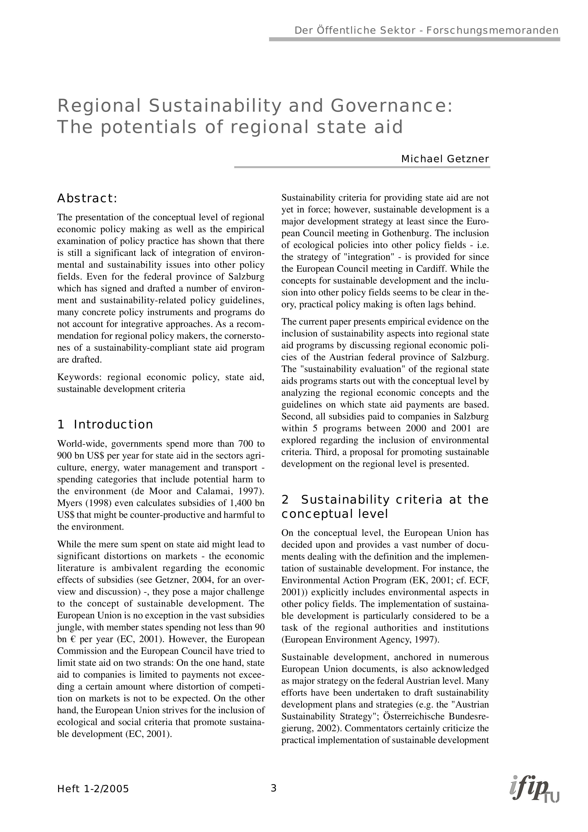 Regional Sustainability and Governance: The potentials of regional state aid
