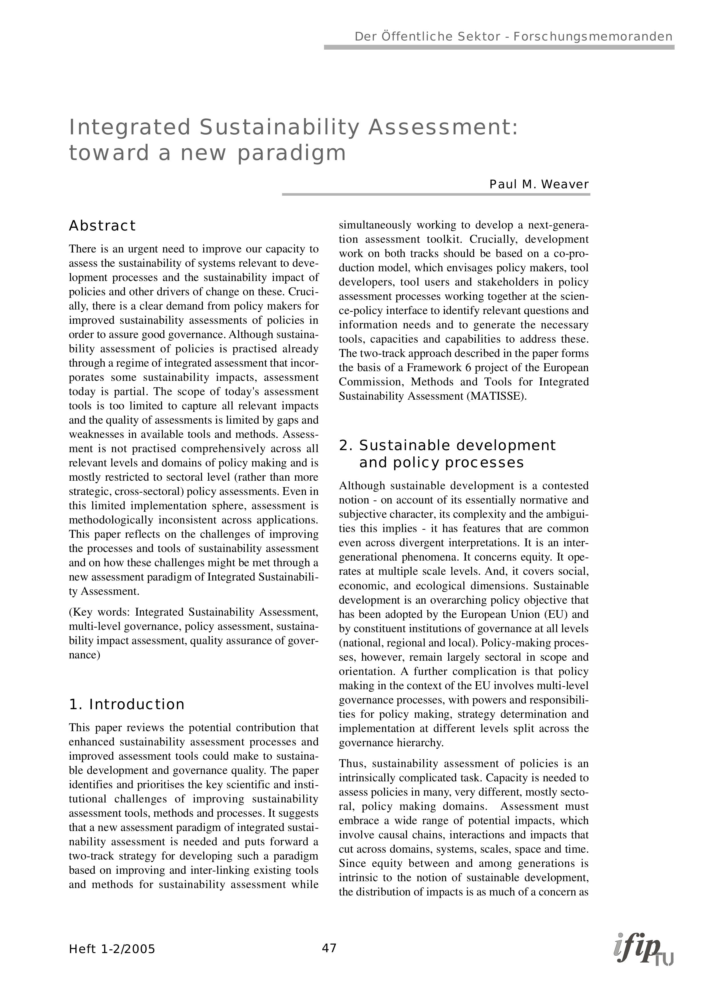 Integrated Sustainability Assessment: toward a new paradigm