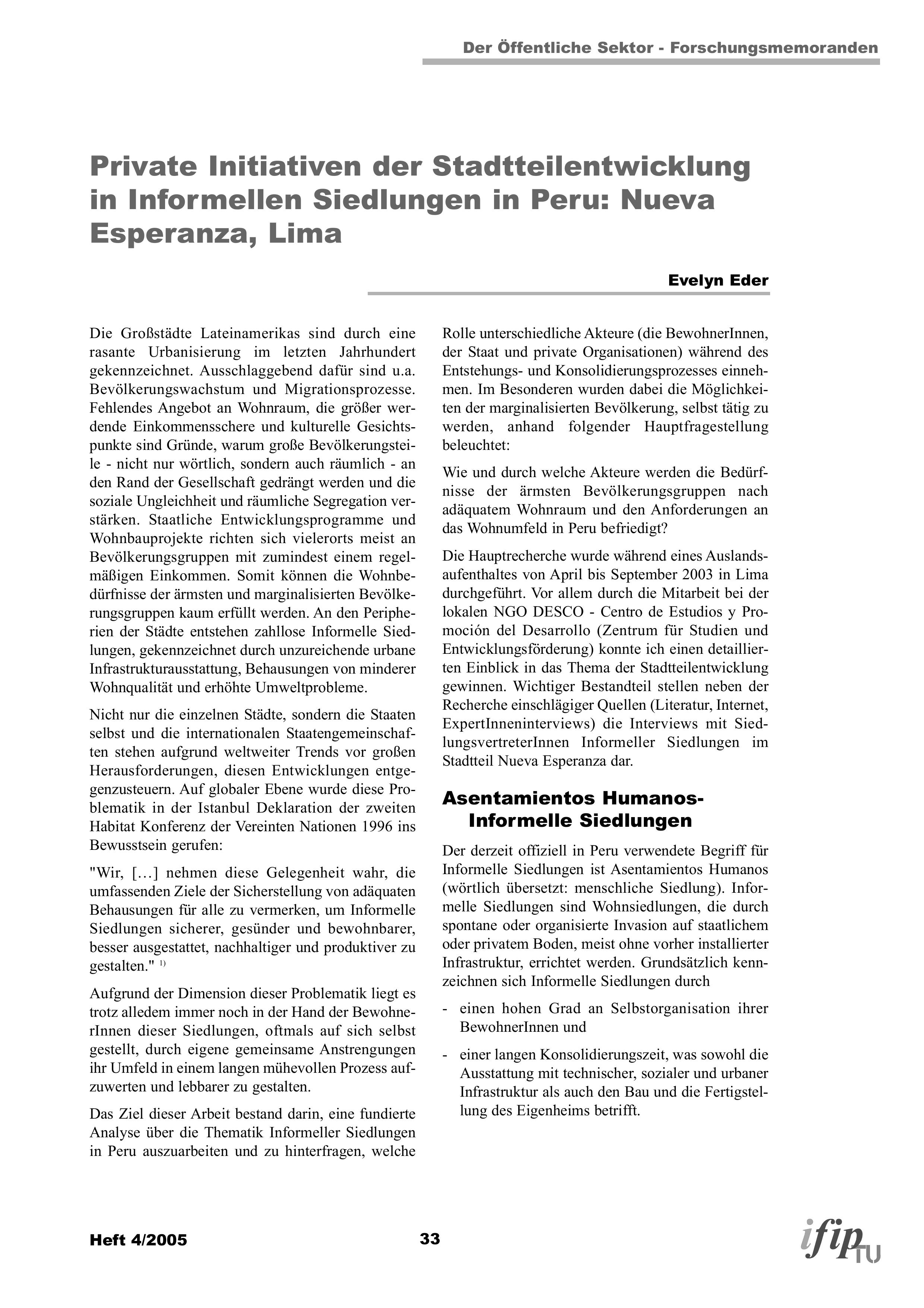 Private Initiativen der Stadtteilentwicklung in Informellen Siedlungen in Peru: Nueva Esperanza, Lima