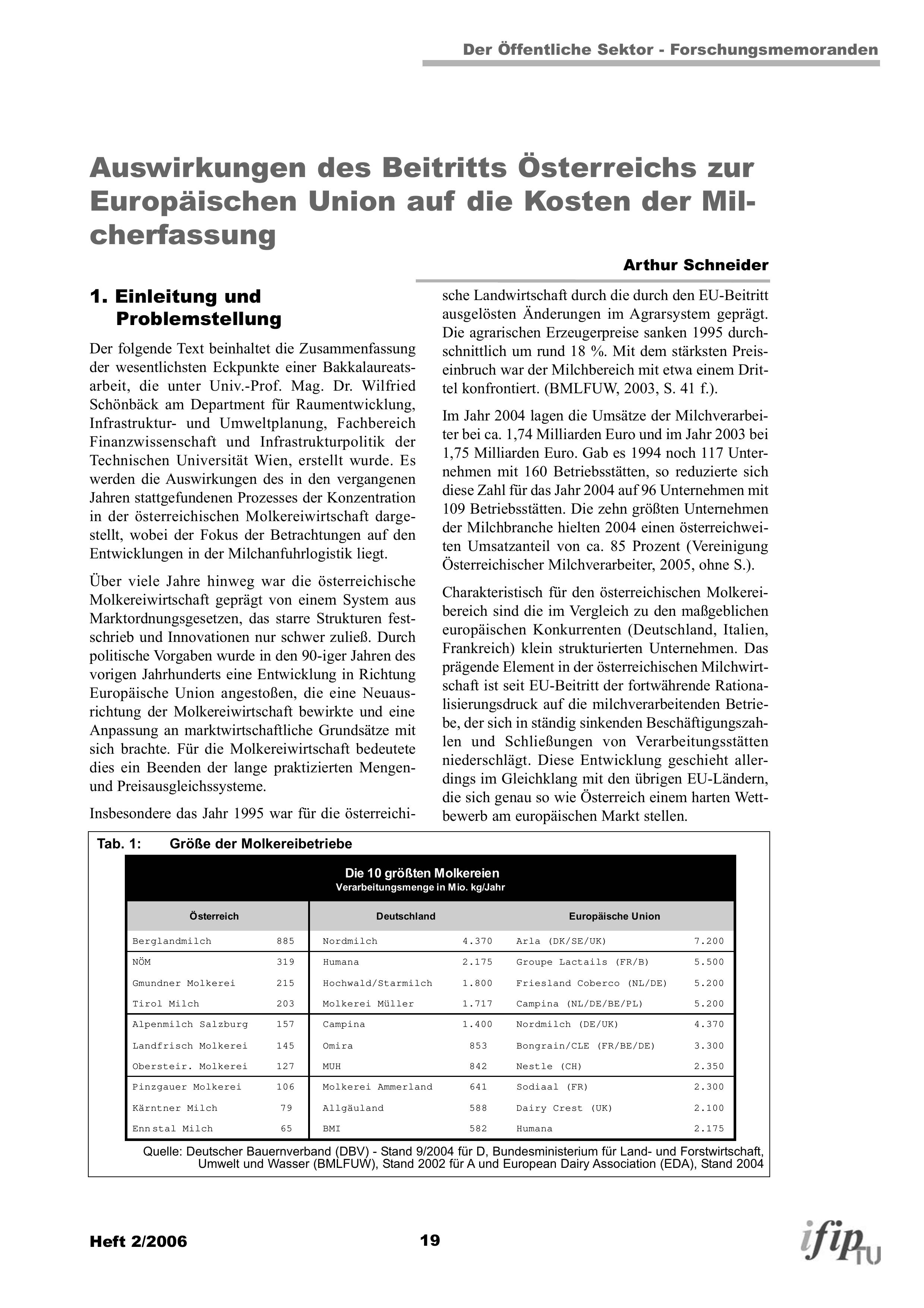 Auswirkungen des Beitritts Österreichs zur Europäischen Union auf die Kosten der Milcherfassung