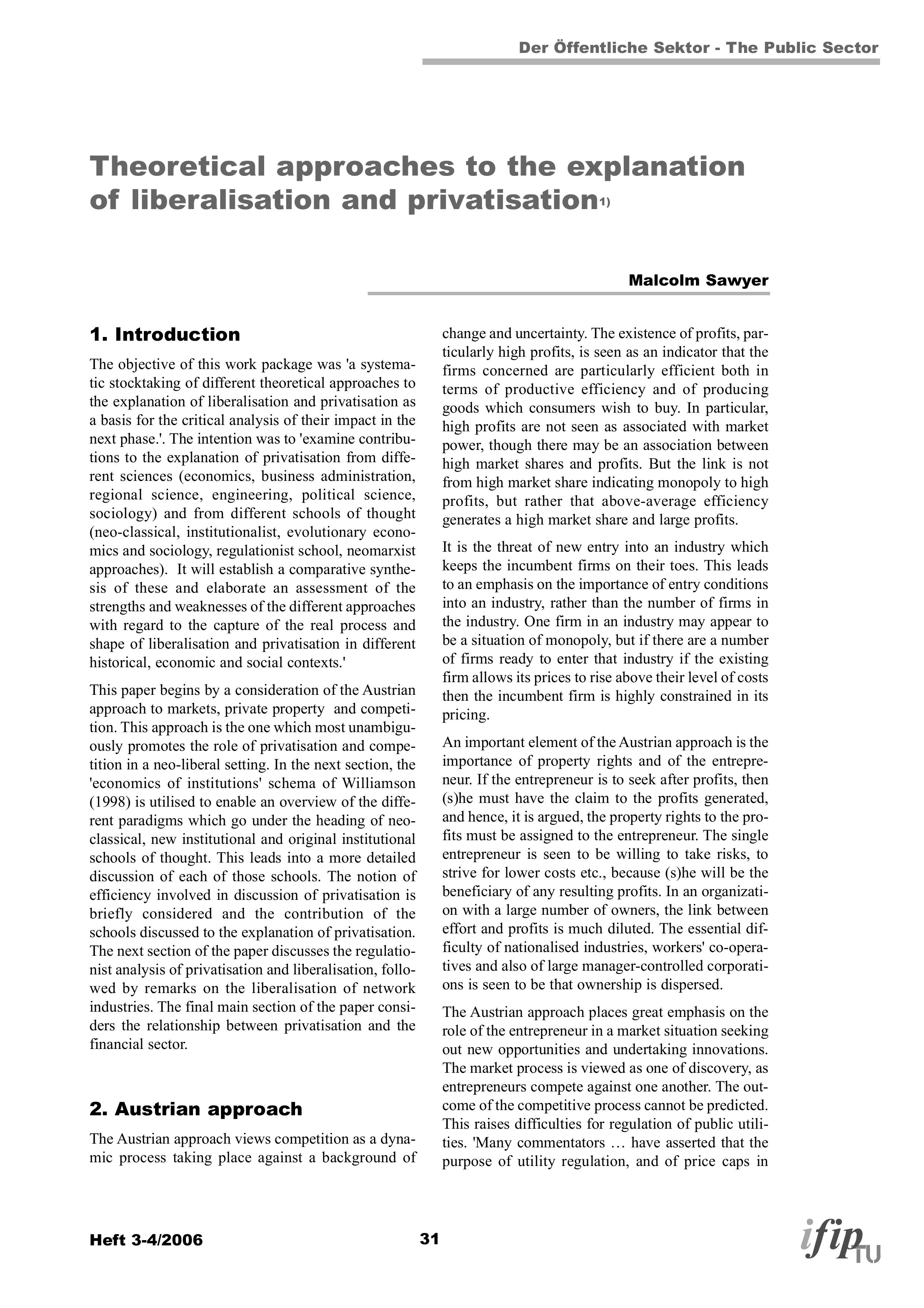 Theoretical approaches to the explanation of liberalisation and privatisation