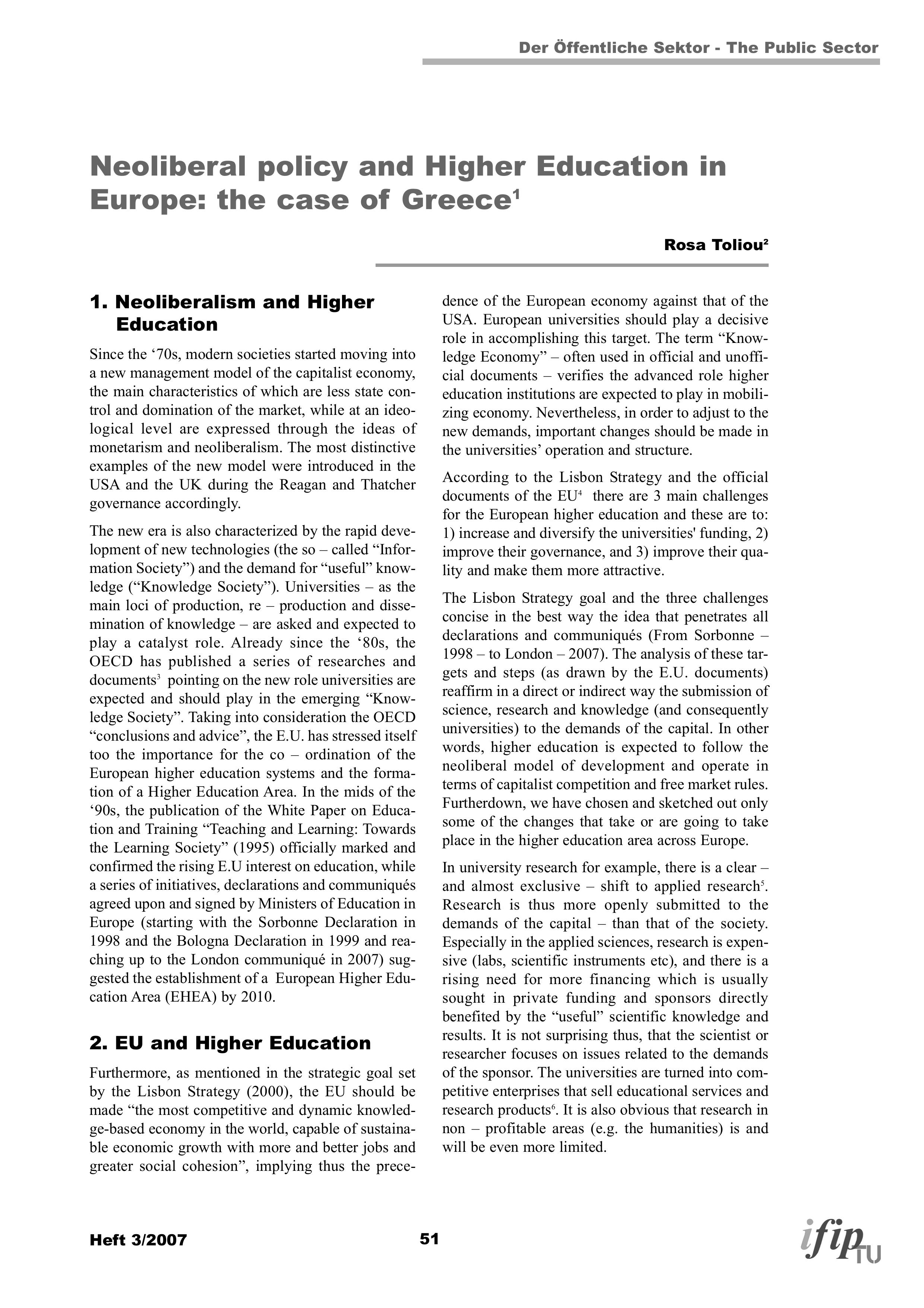Neoliberal policy and Higher Education in Europe: the case of Greece