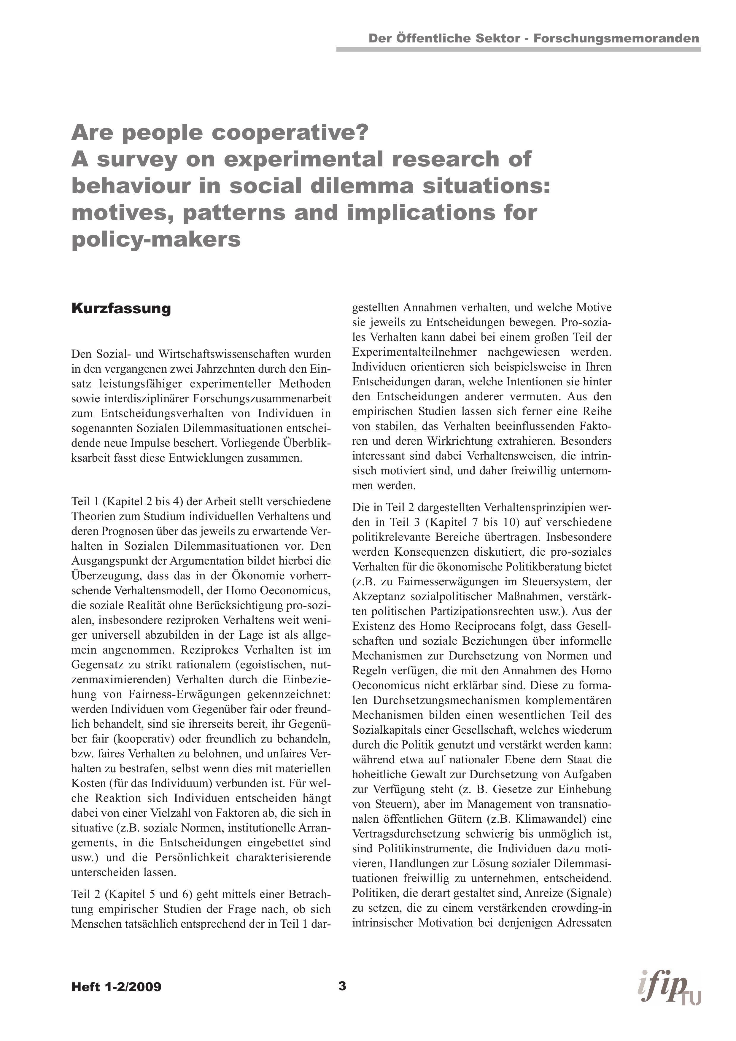Are people cooperative? A survey on experimental research of behaviour in social dilemma situations: motives, patterns and implications for policy-makers