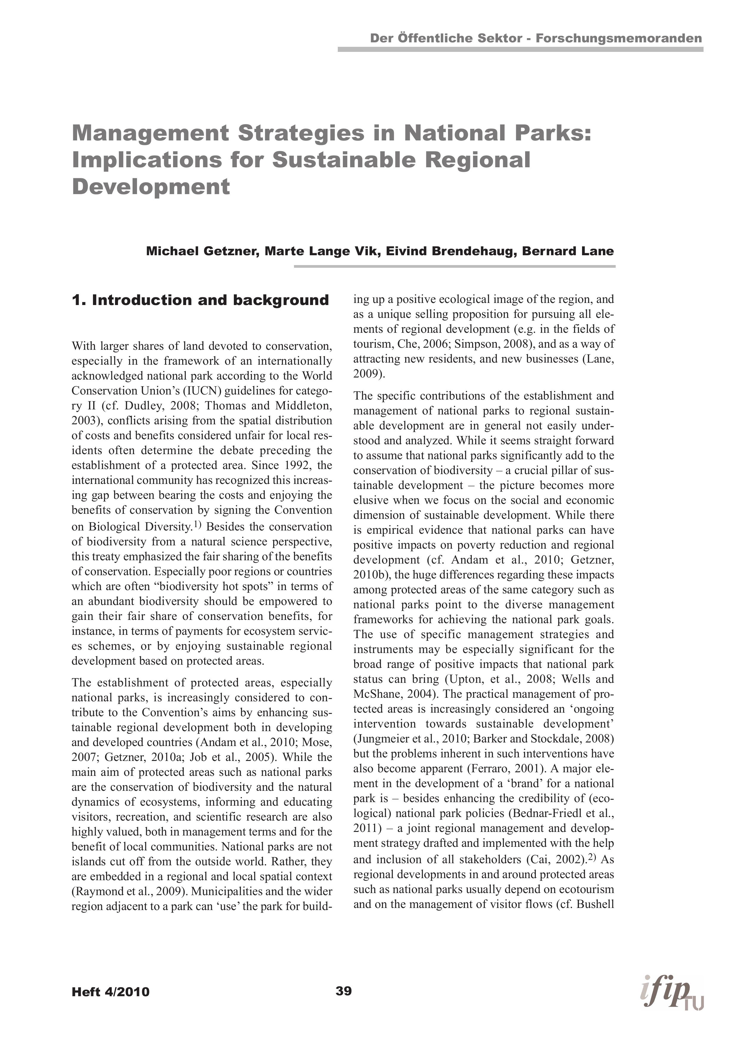 Management strategies in national parks: implications for sustainable regional development