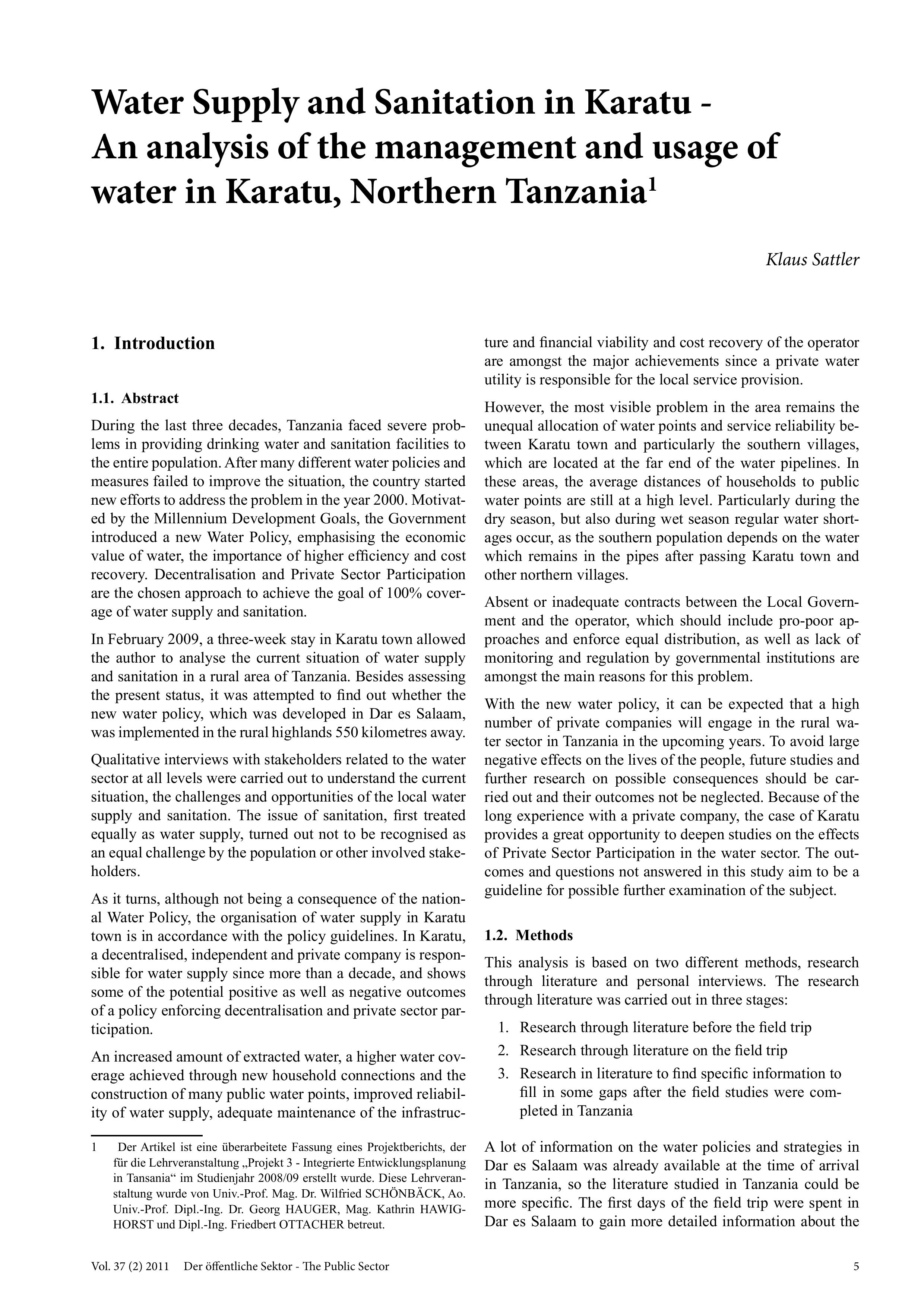 Water Supply and Sanitation in Karatu - An analysis of the management and usage of water in Karatu, Northern Tanzania