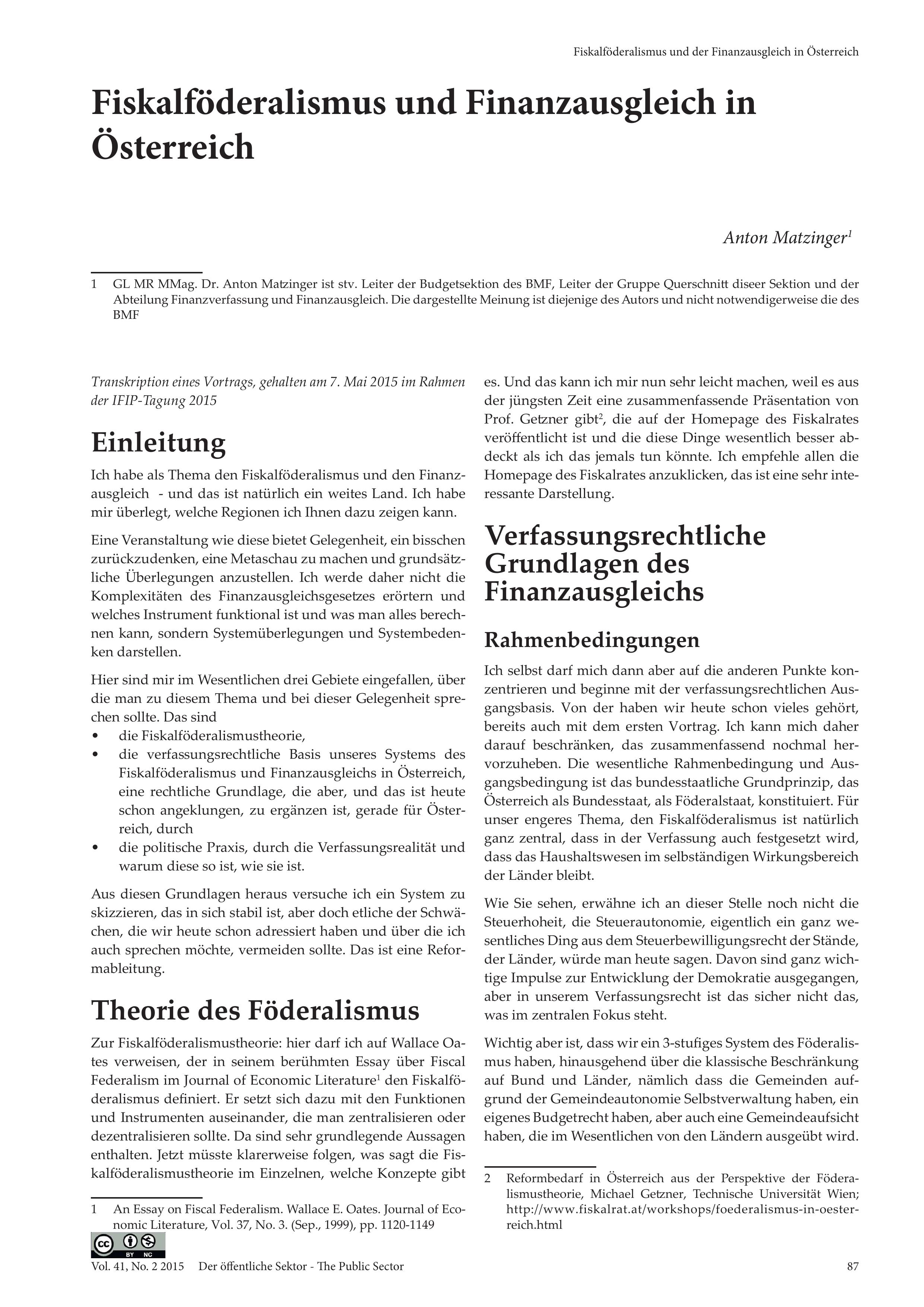 Fiskalföderalismus und der Finanzausgleich in Österreich