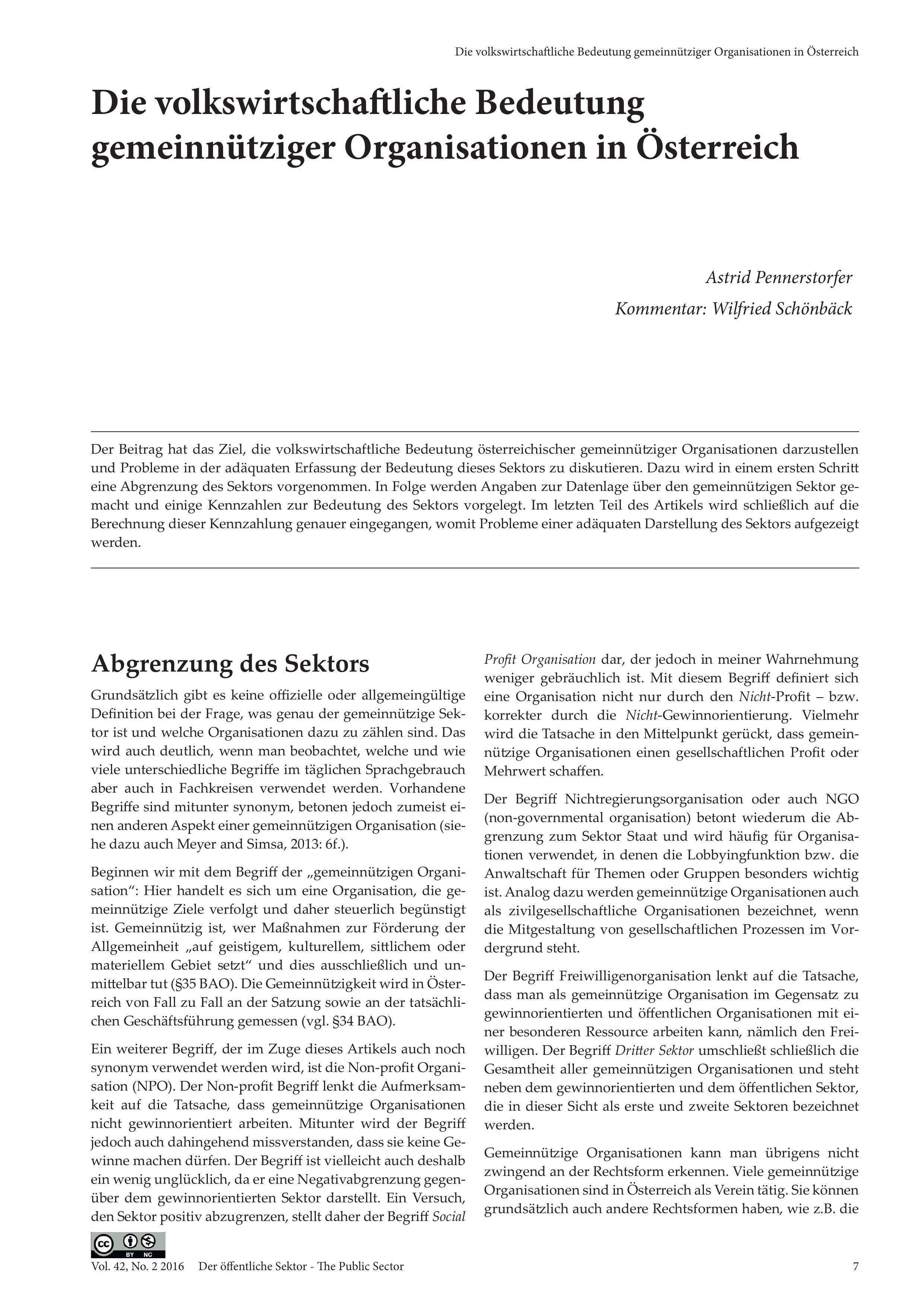 Die volkswirtschaftliche Bedeutung gemeinnütziger Organisationen in Österreich (Kommentiert von Wilfried Schönbäck)
