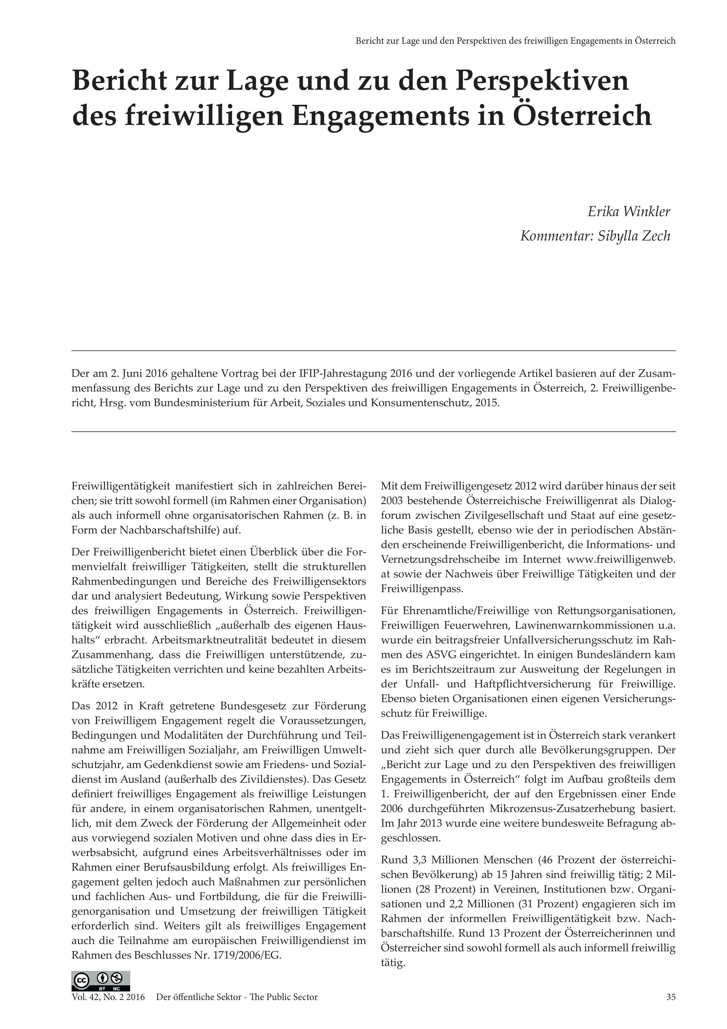 Bericht zur Lage und den Perspektiven des freiwilligen Engagements in Österreich (Kommentiert von Sibylla Zech)
