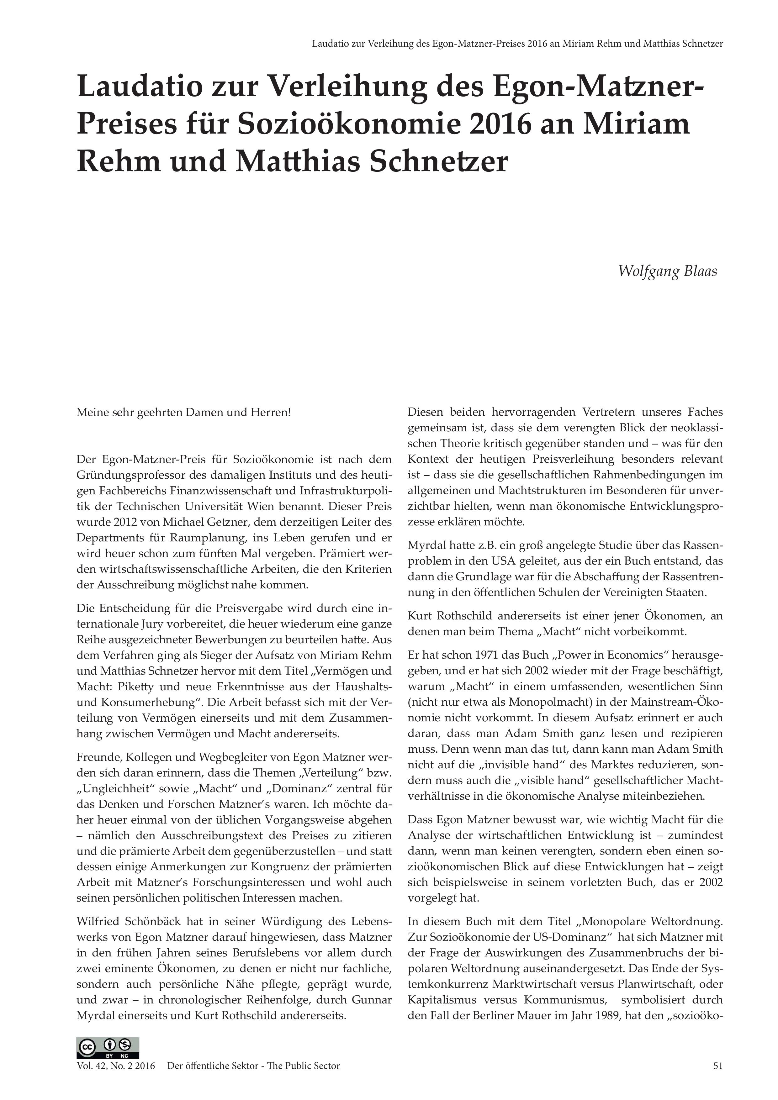 Laudatio zur Verleihung des Egon-Matzner-Preises für Sozioökonomie 2016 an Miriam Rehm und Matthias Schnetzer