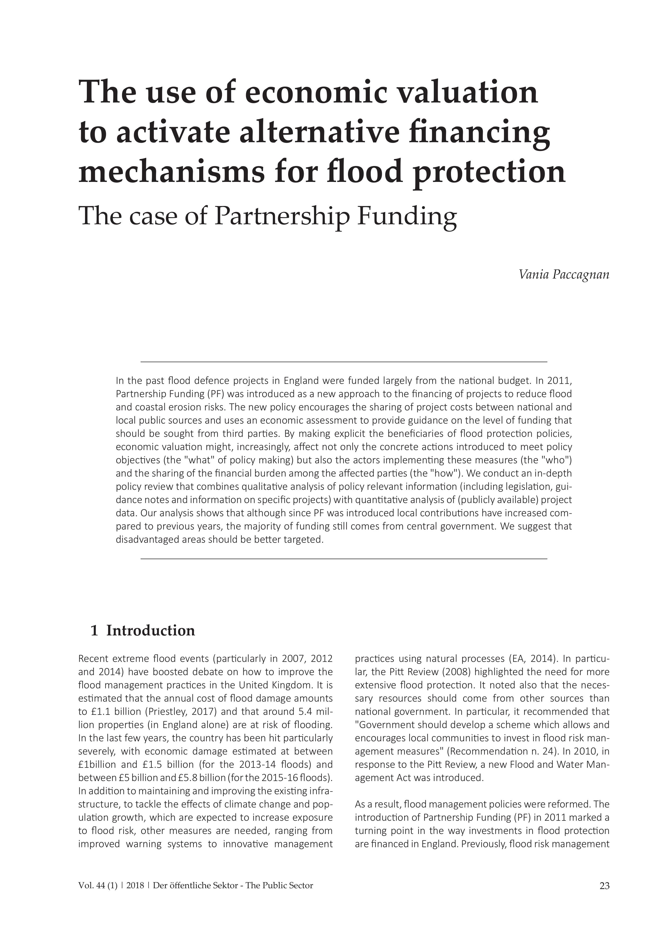 The use of economic valuation to activate alternative financing mechanisms for flood protection
