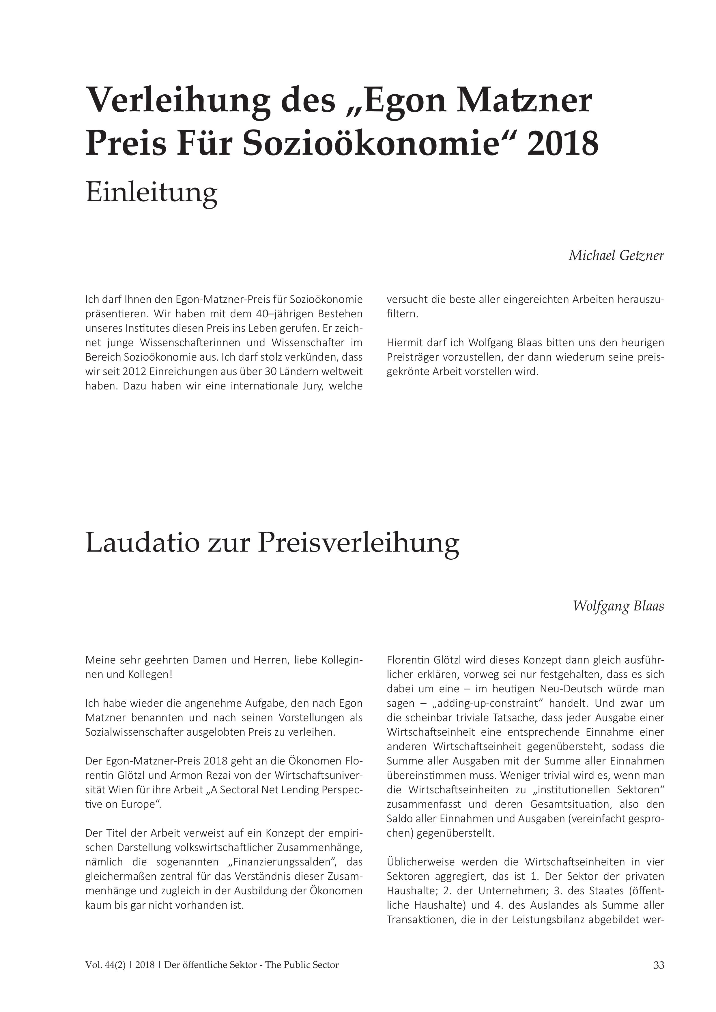 Verleihung des "Egon Matzner Preis Für Sozioökonomie" 2018