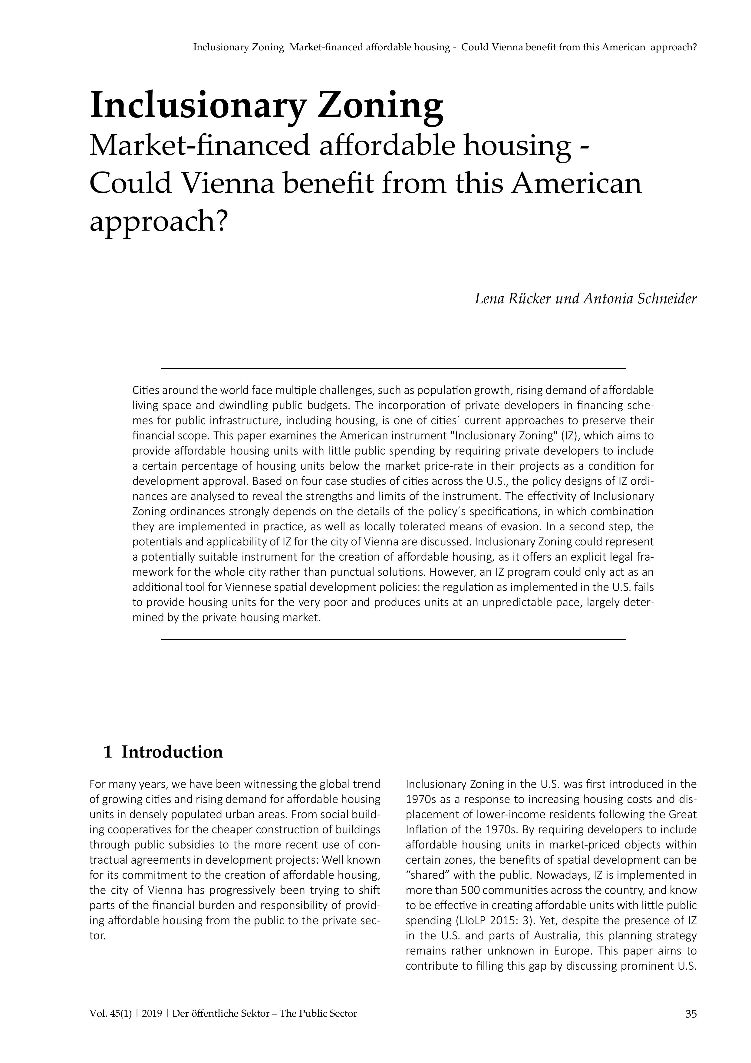 Inclusionary Zoning. Market-financed affordable housing - Could Vienna benefit from this American approach?