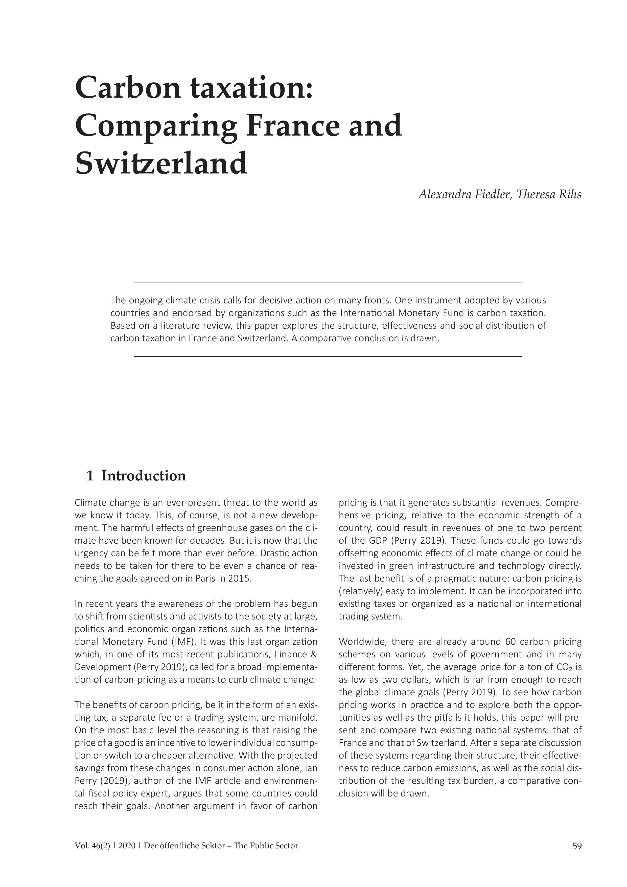 Carbon taxation: Comparing France and Switzerland
