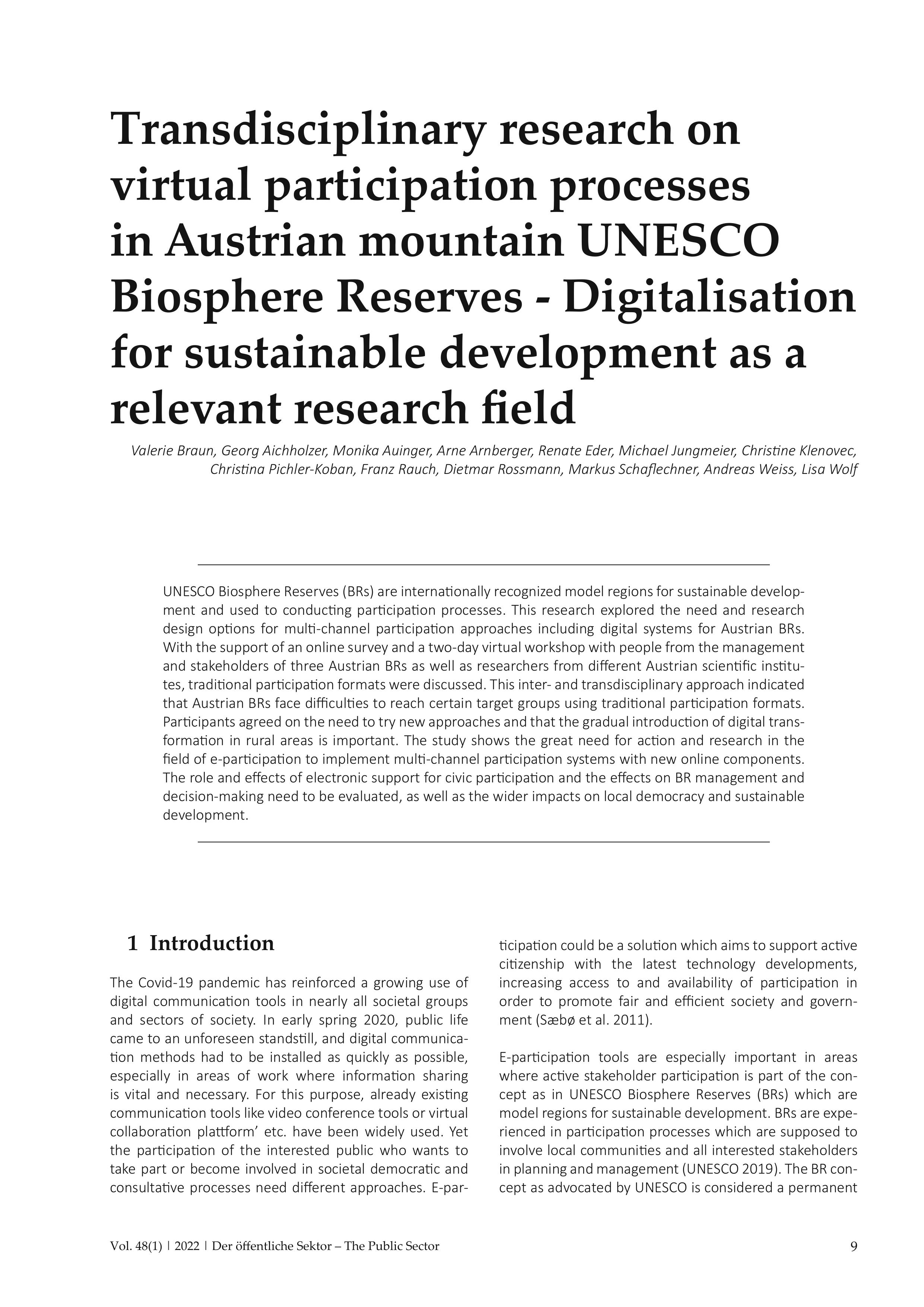 Transdisciplinary research on virtual participation processes in Austrian mountain UNESCO Biosphere Reserves - Digitalisation for sustainable development as a relevant research field