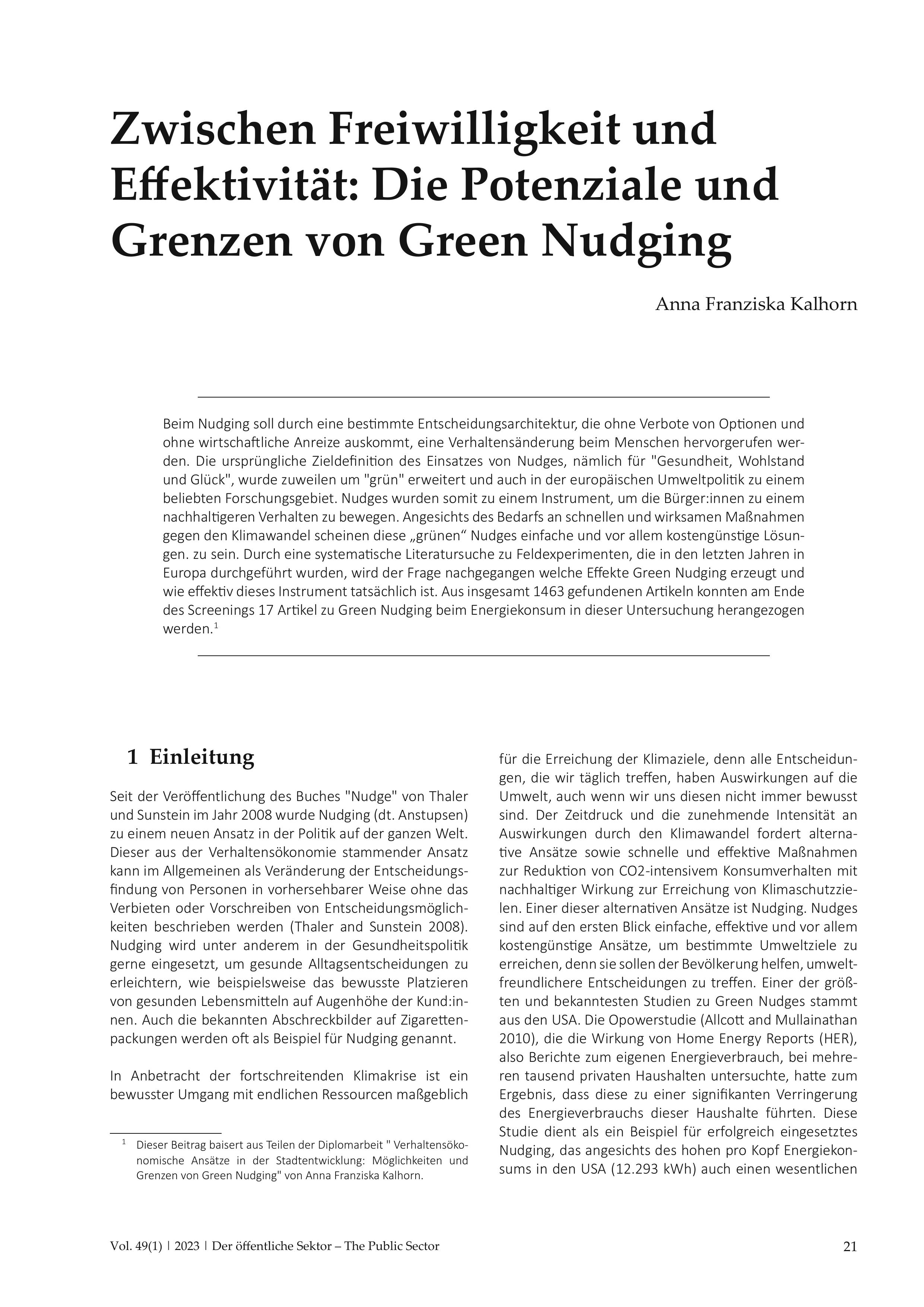 Zwischen Freiwilligkeit und Effektivität: Die Potenziale und Grenzen von Green Nudging
