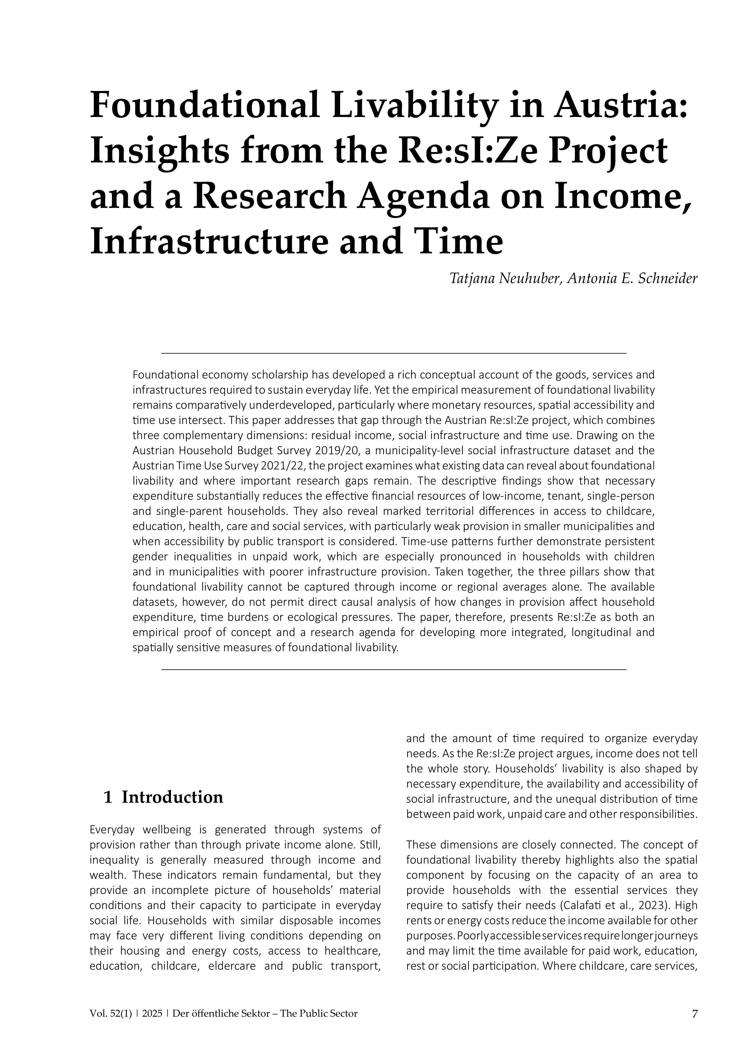 Foundational Livability in Austria: Insights from the Re:sI:Ze Project and a Research Agenda on Income, Infrastructure and Time
