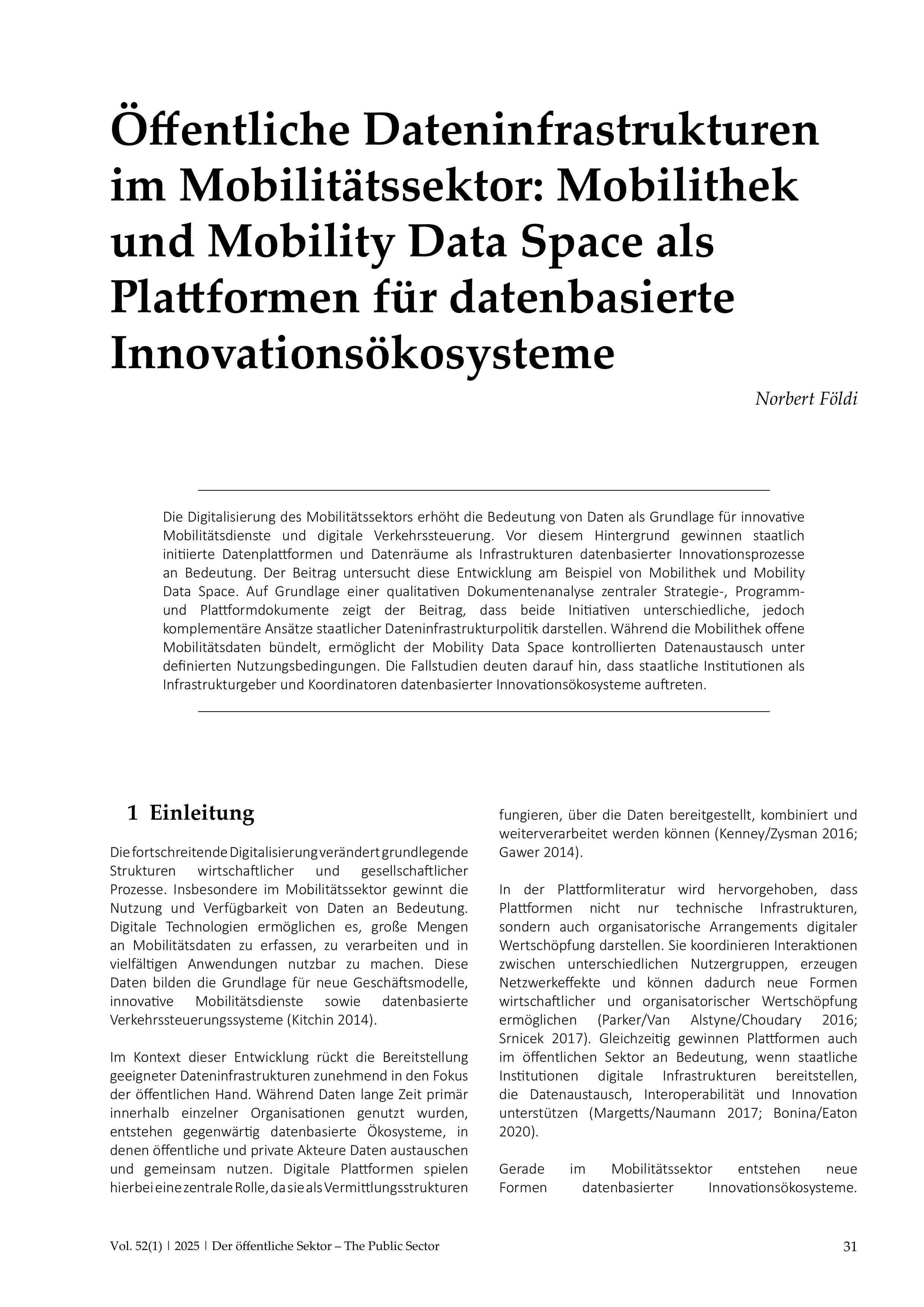 Öffentliche Dateninfrastrukturen im Mobilitätssektor: Mobilithek und Mobility Data Space als Plattformen für datenbasierte Innovationsökosysteme