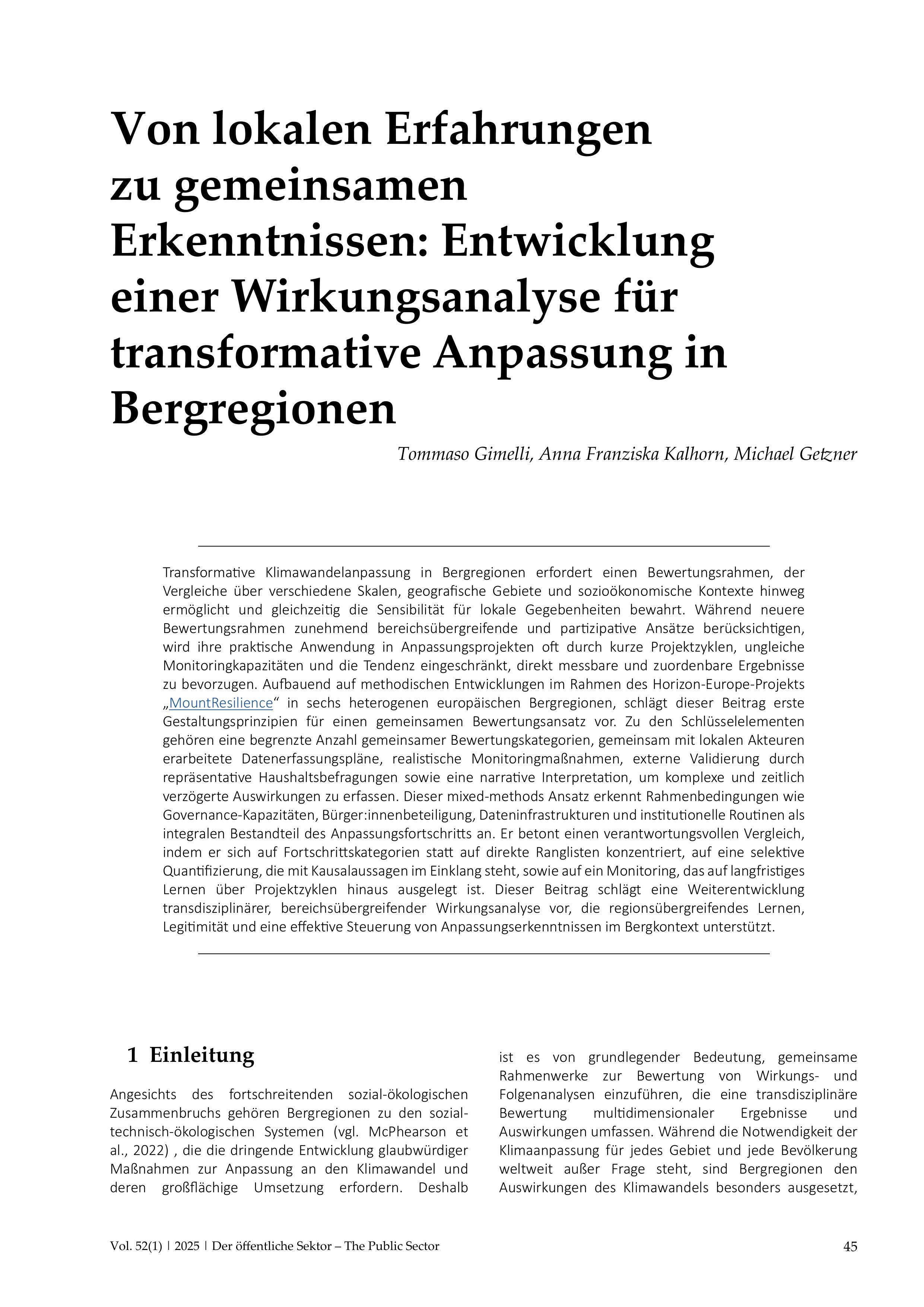 Von lokalen Erfahrungen zu gemeinsamen Erkenntnissen: Entwicklung einer Wirkungsanalyse für transformative Anpassung in Bergregionen