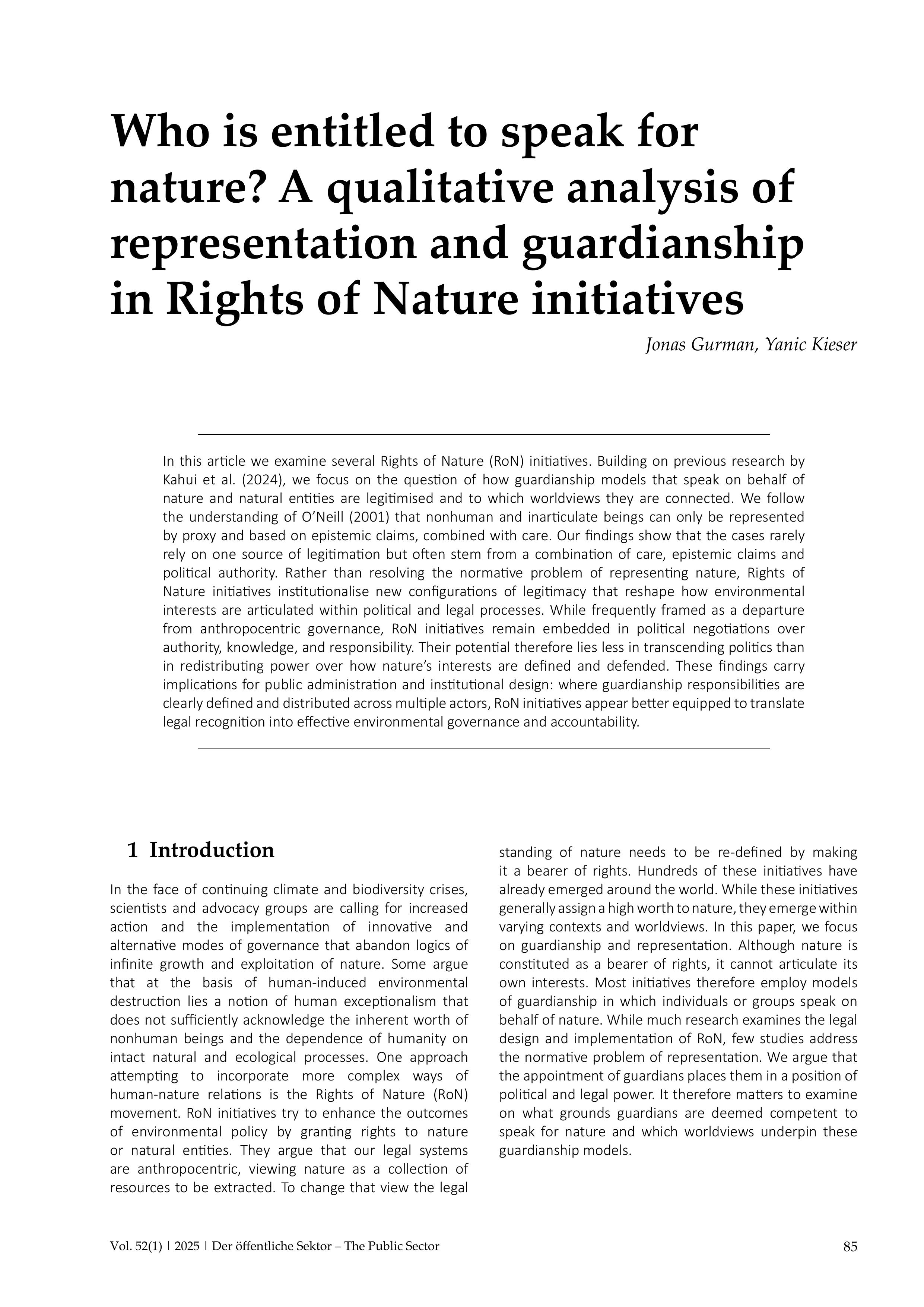 Who is entitled to speak for nature? A qualitative analysis of representation and guardianship in Rights of Nature initiatives